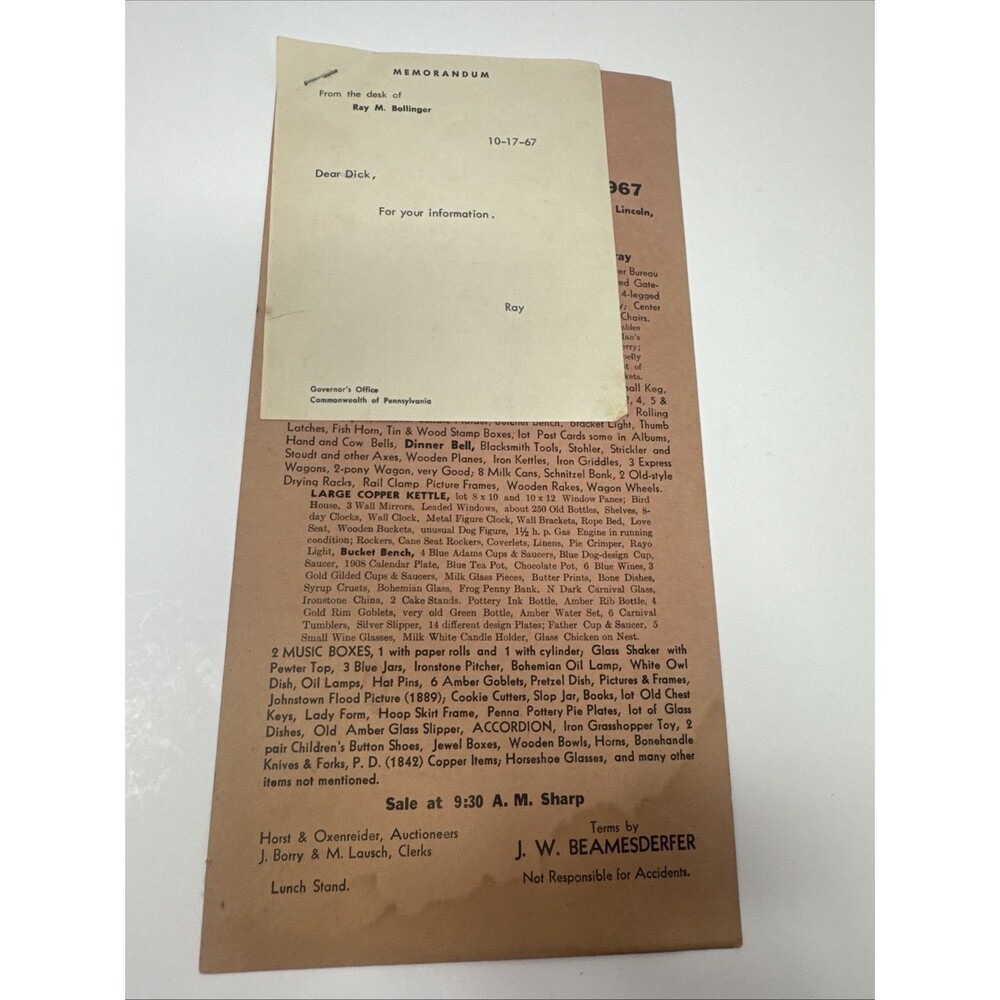 Antique 1967 Public Sale Auction Flyer Advertisement Lincoln Lancester County PA